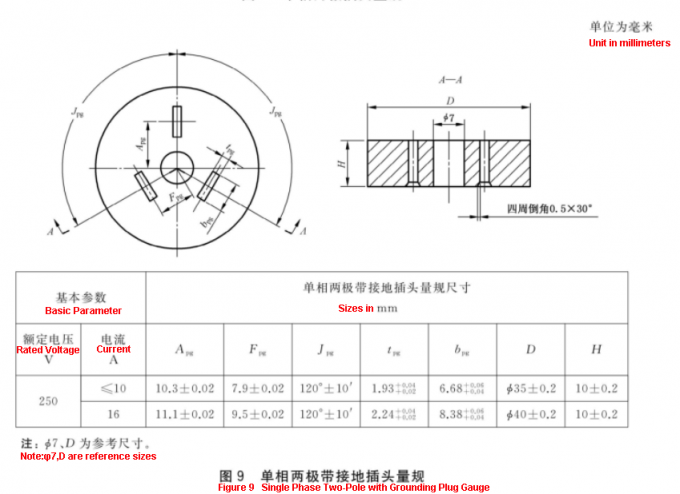 Dưỡng kiểm tra tiếp xúc phích cắm ổ cắm 1 pha GB/T1002-2021 12 Dưỡng kiểm tra phích cắm ổ cắm GB/T1002-2021 hình 1