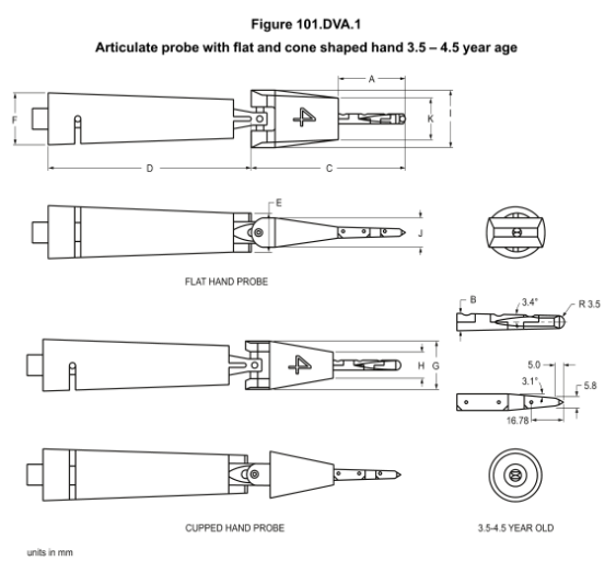 Que thử ngón tay khớp UL60335-2-24 bàn tay phẳng và hình nón 3.5-4.5 tuổi 9 UL60335-2-24 Articulated Probe With Flat And Cone Shaped Hand 3.5-4.5 Year Age 0