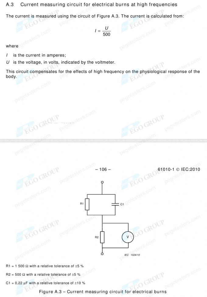 Thiết bị kiểm tra an toàn điện tiêu chuẩn IEC61010-1 7 IEC61010-1 Clause 6.3.1 Figure A.3 Electrical Safety Testing Current Measuring Circuit for Electrical Burns at High Frequencies 0
