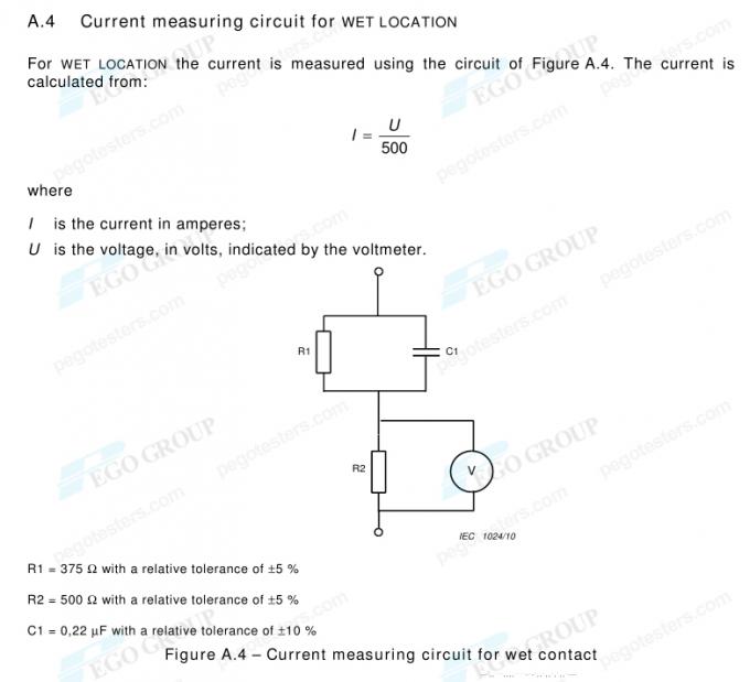 Thiết bị kiểm tra an toàn điện tiêu chuẩn IEC61010 7 IEC61010-1 Clause 6.3.1 Figure A.4 Electrical Safety Testing Current Measuring Circuit for Wet Location