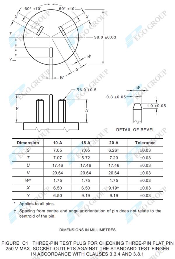 Phích cắm thử nghiệm 3 chấu kiểm tra độ cắm sâu ổ cắm theo AS/NZS3112 Figure C1 7 Three-Pin Test Plug for Testing Socket-Outlet Against Full Insertion Test and Test Finger as Per AS/NZS3112 figure C1 0
