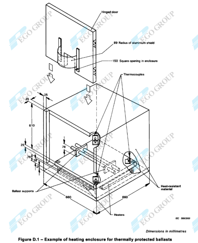 Buồng thử nghiệm gia nhiệt chấn lưu có bảo vệ nhiệt IEC61347-1 7 Sơ đồ kỹ thuật buồng thử nghiệm gia nhiệt IEC61347-1 hiển thị kích thước và các bộ phận chi tiết